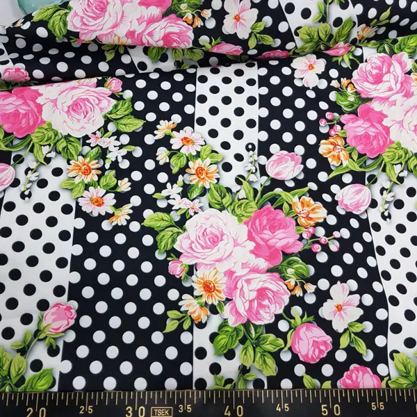 Çiçek Desenli Fon Perde Evm836 Kumaşı Kalındır Duck Bezi Değildir- Siyah-Beyaz-Pembe Koyu