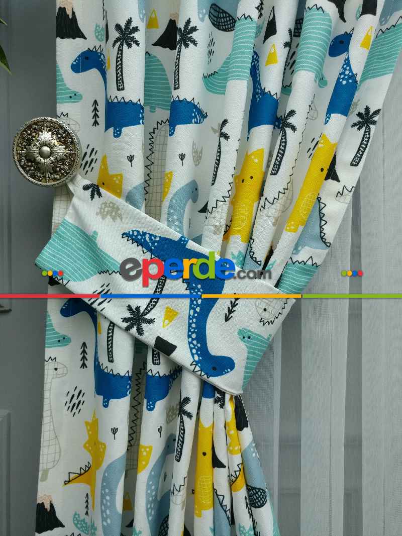 Erkek Çocuk ve Bebek Odası Fon Perde - Dinazor Desenli - Mavi Sarı