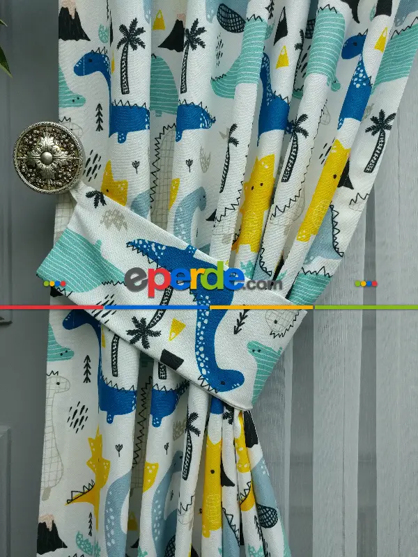 Bebek Odası Fon - Dinazor Desenli Fon Perde Evm499 Kumaşı Kalındır Duck Bezi Değildir- Mavi-Sarı