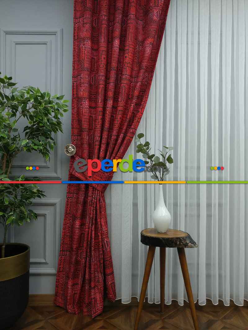 Kırmızı Geometrik Desenli Fon Perde Evm708 Kumaşı Kalındır Duck Bezi Değildir- Kırmızı Koyu