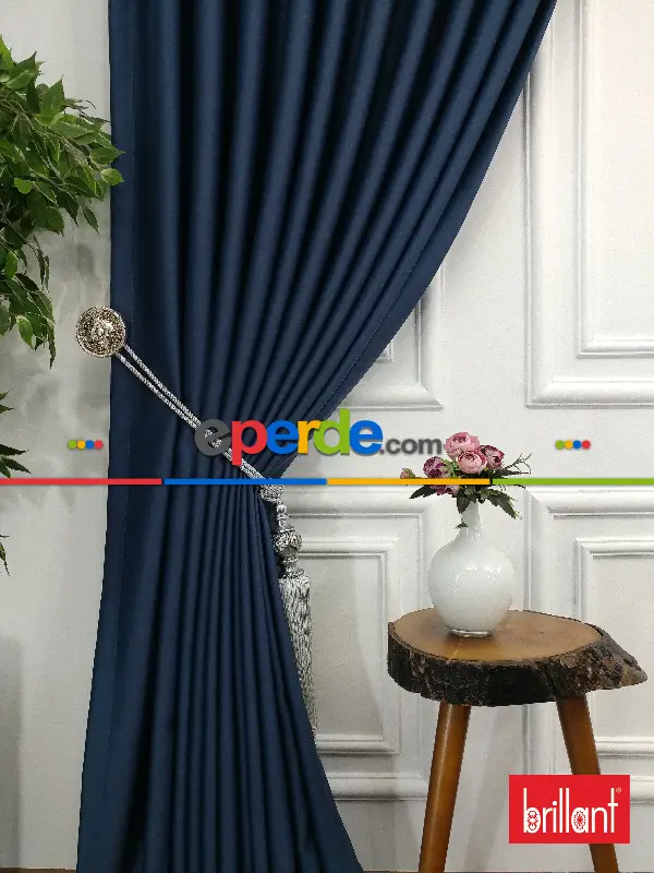 Yatak Odası - Brillant Karartma Blackout Koyu Mavi Renk Fon Perde- Mavi Koyu