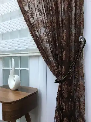 Kahverengi Damask Desen İp Tül Fon Perde - Kordon Bağcıklı Gönderilmektedir- Kahverengi