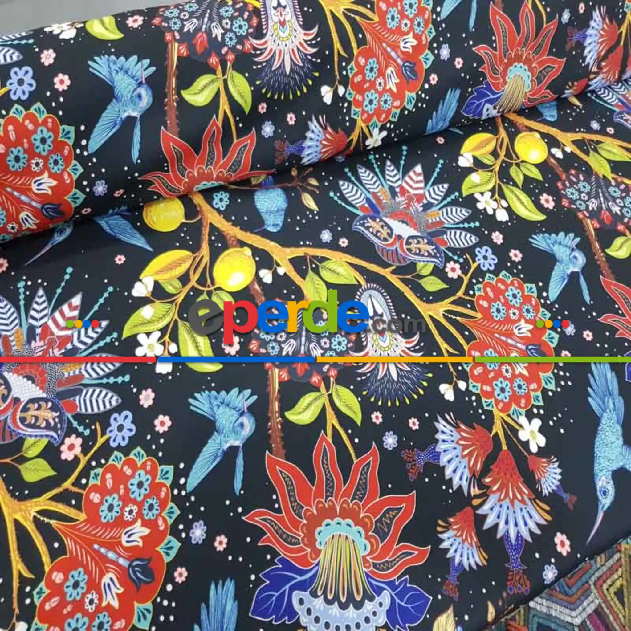 Çiçek Ve Kuş Desenli Fon Perde Evm562 Kumaşı Kalındır Duck Bezi Değildir- Siyah-Sarı-Mor-Lila-Açık Yeşil-Mavi Açık-Gül Kurusu-Kahve