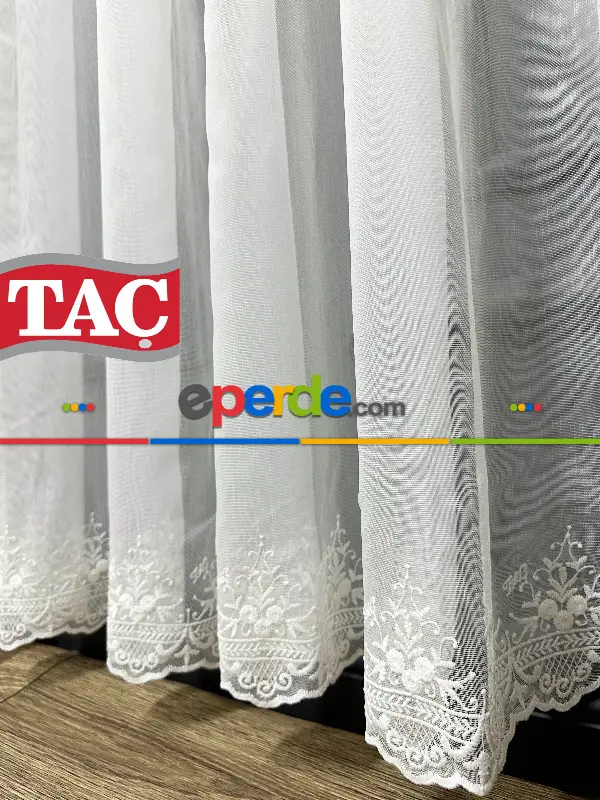 Yatak Odası - Taç Etek Topçuklu Ütü İstemez Alt İşlemeli Model Tül Perde