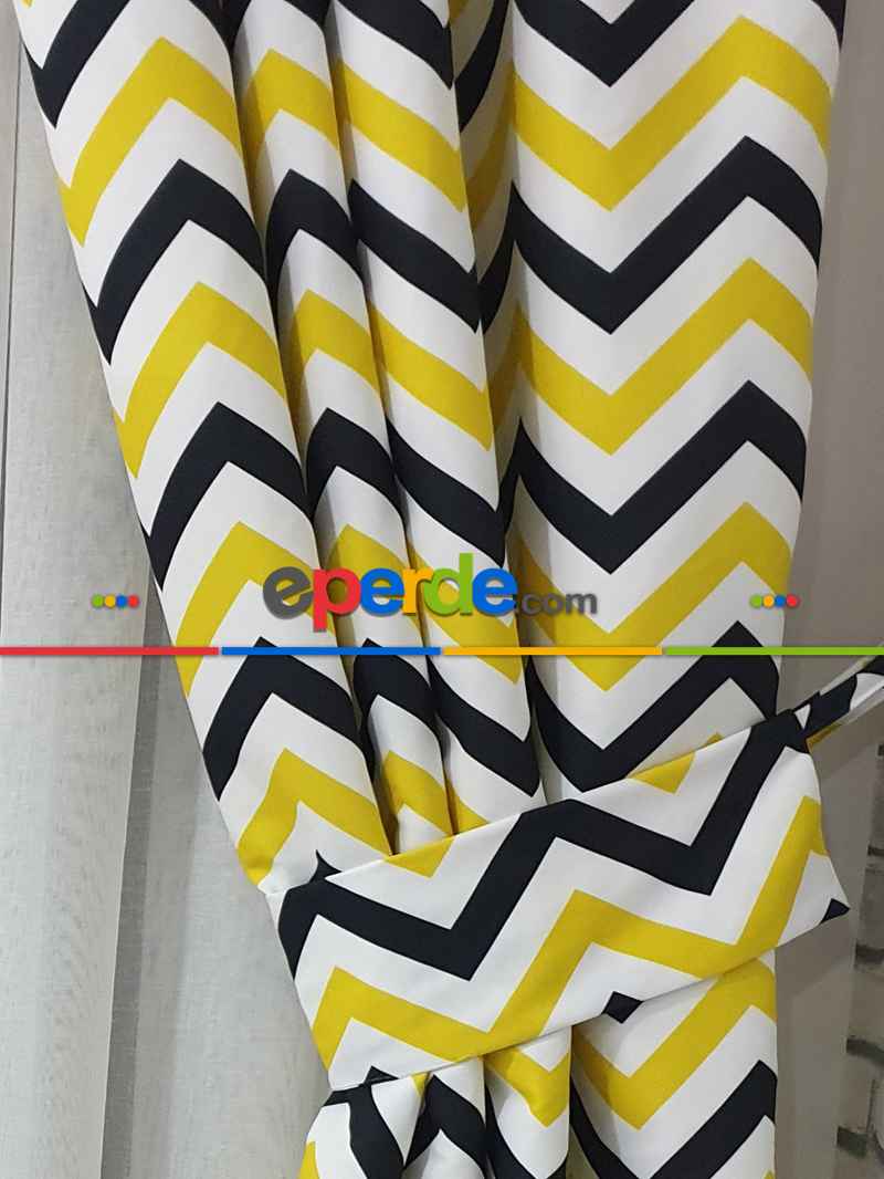 Siyah-Sarı Modern Mutfak Perdesi Kanat Fon Perde Zikzak Desenli- Siyah