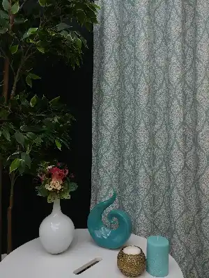 Damask Desenli Salon Odası Fon Perde- Turkuaz