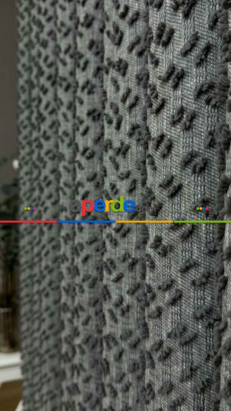 Yatak Odası - Ponponlu Gri Jakar Dokuma, Premium Kalite Serisi Fon Perde