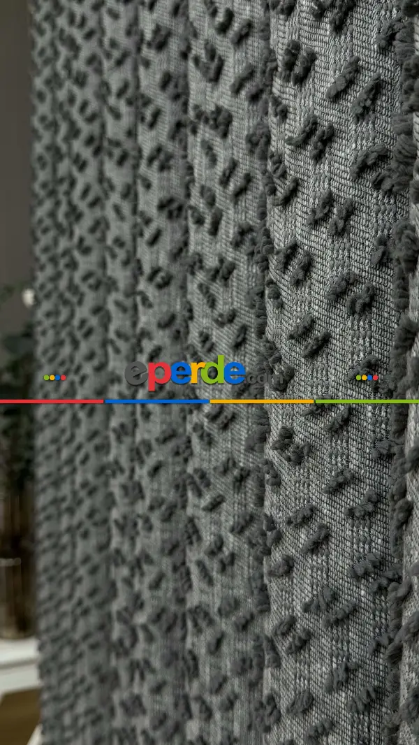 Salon - Ponponlu Gri Jakar Dokuma, Premium Kalite Serisi Fon Perde