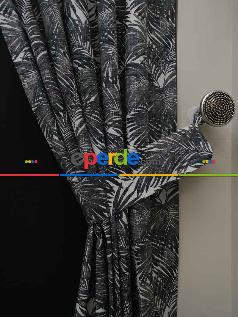 Tropikal Yaprak Desenli Fon Perde(leke Tutmaz)- Siyah-beyaz