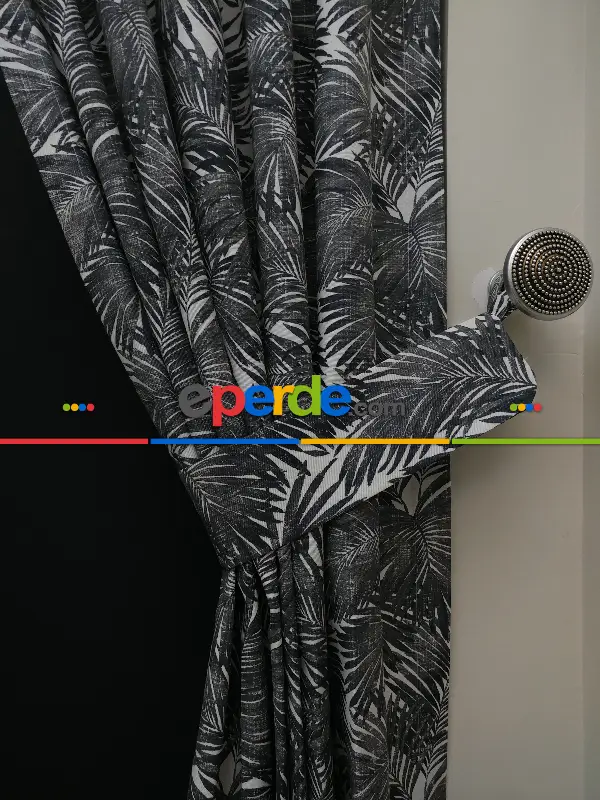 Tropikal Yaprak Desenli Fon Perde(leke Tutmaz)- Siyah-Beyaz