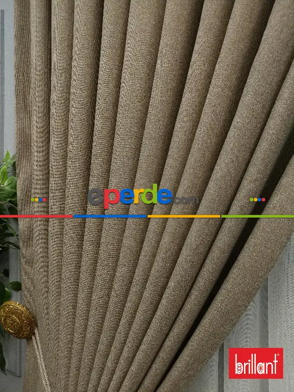 Yatak Odası - Brillant Keten Açık Camel Neskafe Renk Düz Fon Perde - Açık Camel