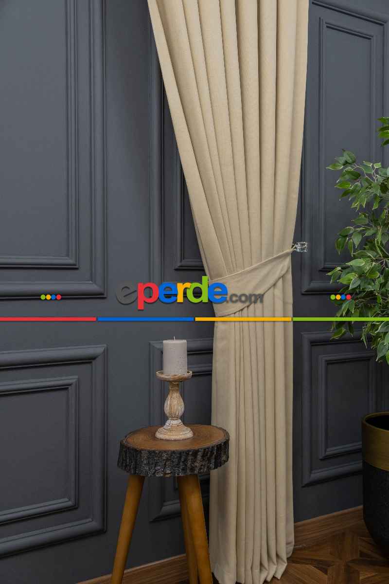 Salon - Açık Bej Rengi Düz Fon Perde En  Dökümlü Fon Perde 03