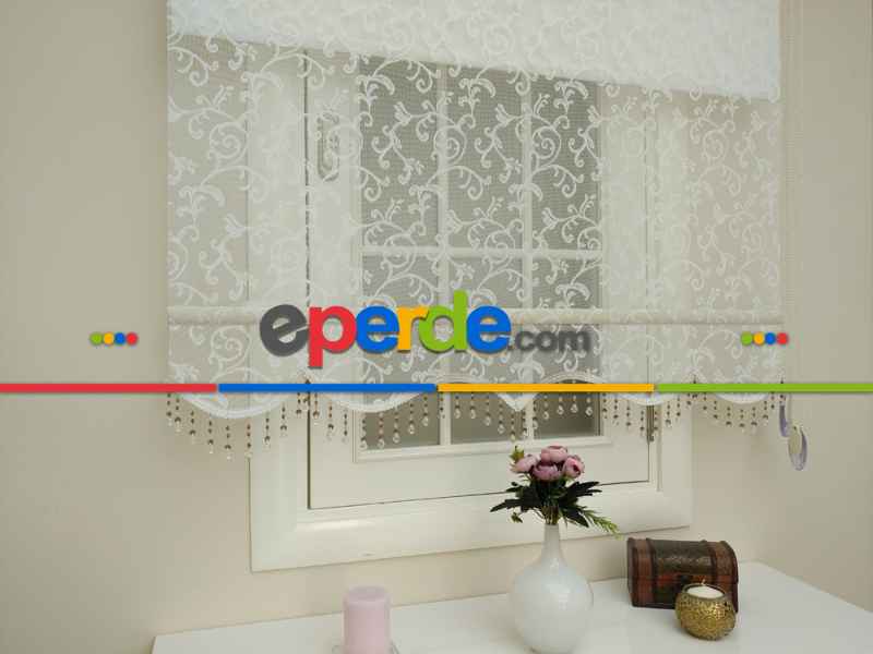 Çiftli Sistem Tül Ve Stor Perde - Şal Desen- Krem Açık-ekru