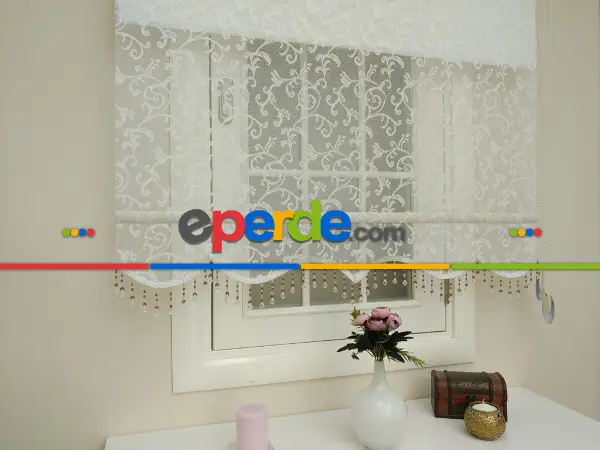 Çiftli Sistem Tül Ve Stor Perde - Şal Desen- Krem Açık-ekru