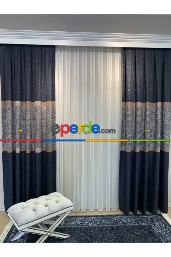 Yatak Odası Fon Brilant Fon Perde Dantella Moda Yeni Tasarım Lacivert Renk Fon Perde