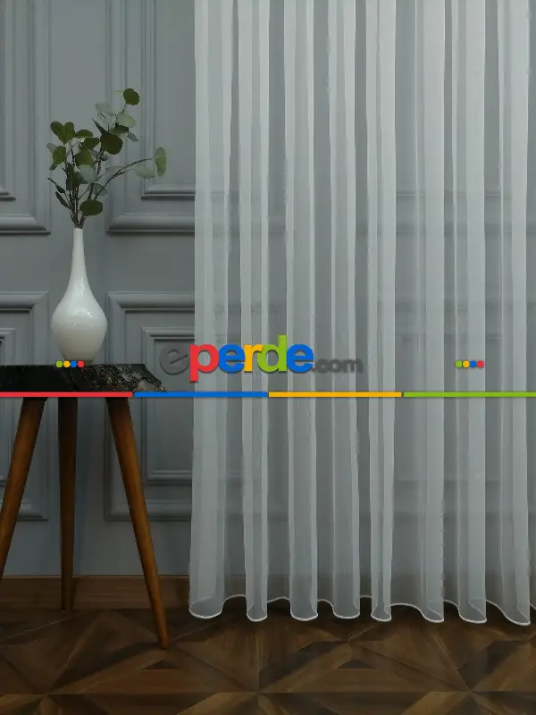 Salon - Düz Buzlu Zemin Tül - Keten Efektli İplikten Ekru Tül - Ütü İstemez- Ekru