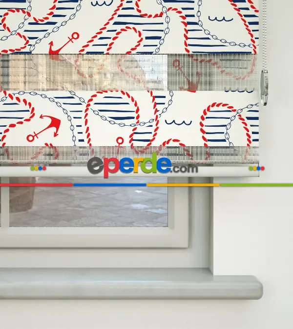 Bebek Odası Zebra Perde - Çapa Ve Zincir Desen Baskılı Zebra Perde- Lacivert-Kırmızı