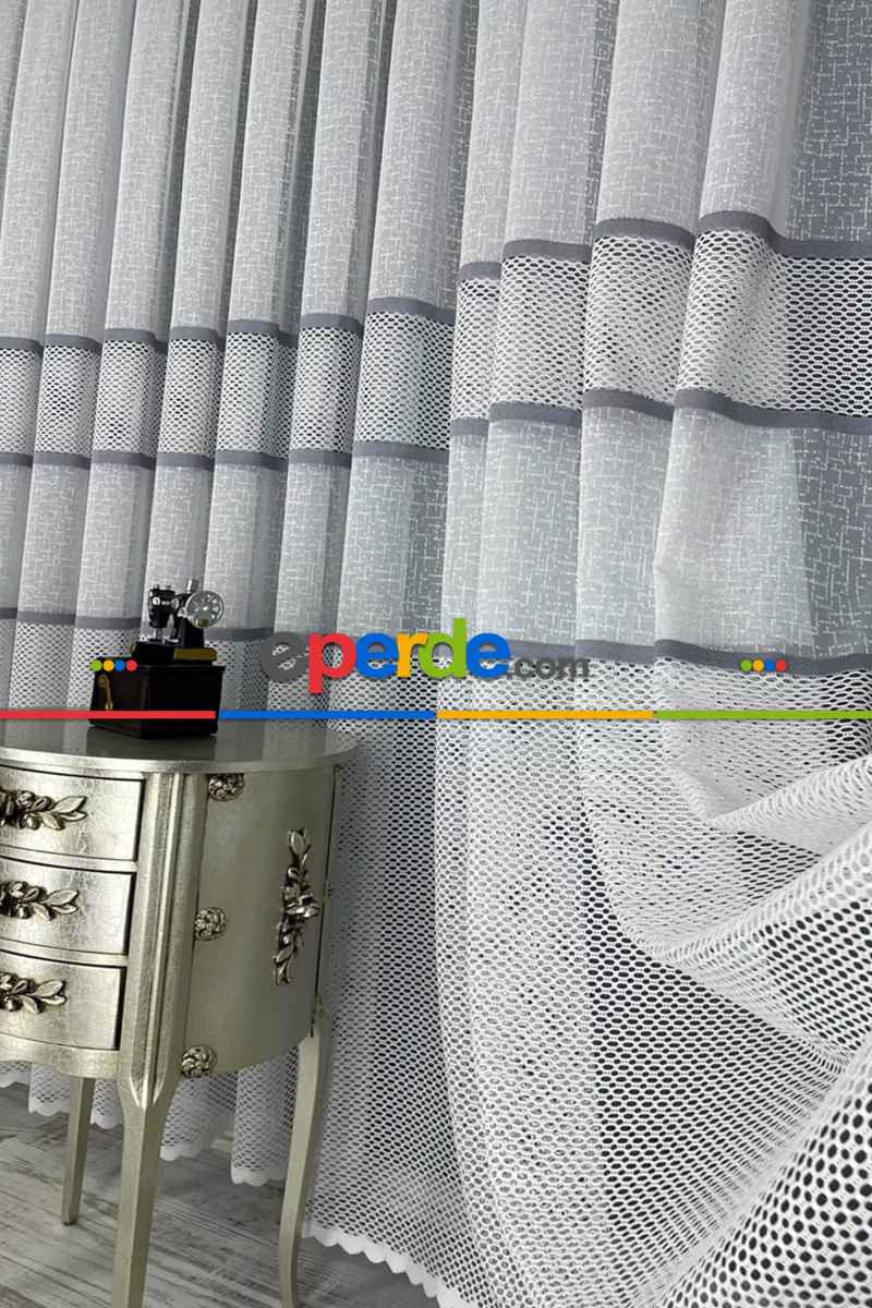 Salon - Aplik Jakar Eteği Bordürlü Tül Perde Tek Kanat - Ekru/gri