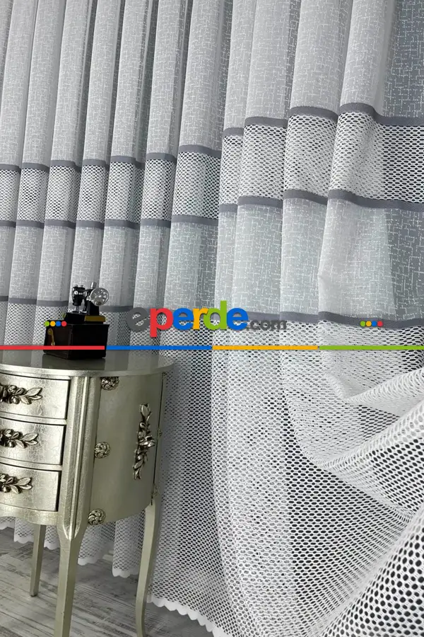 Salon - Aplik Jakar Eteği Bordürlü Tül Perde Tek Kanat - Ekru/gri