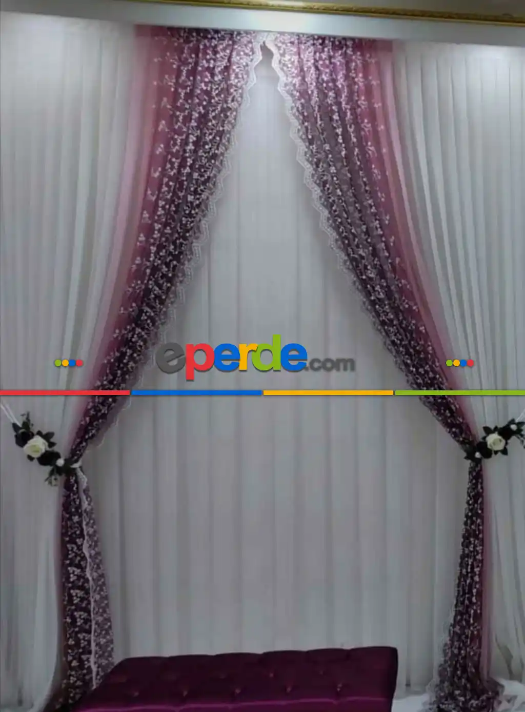 Mürdüm Beyaz Renk Renk Geçişli Tül Çiçekli Fon Perde 70cm X 275cm 