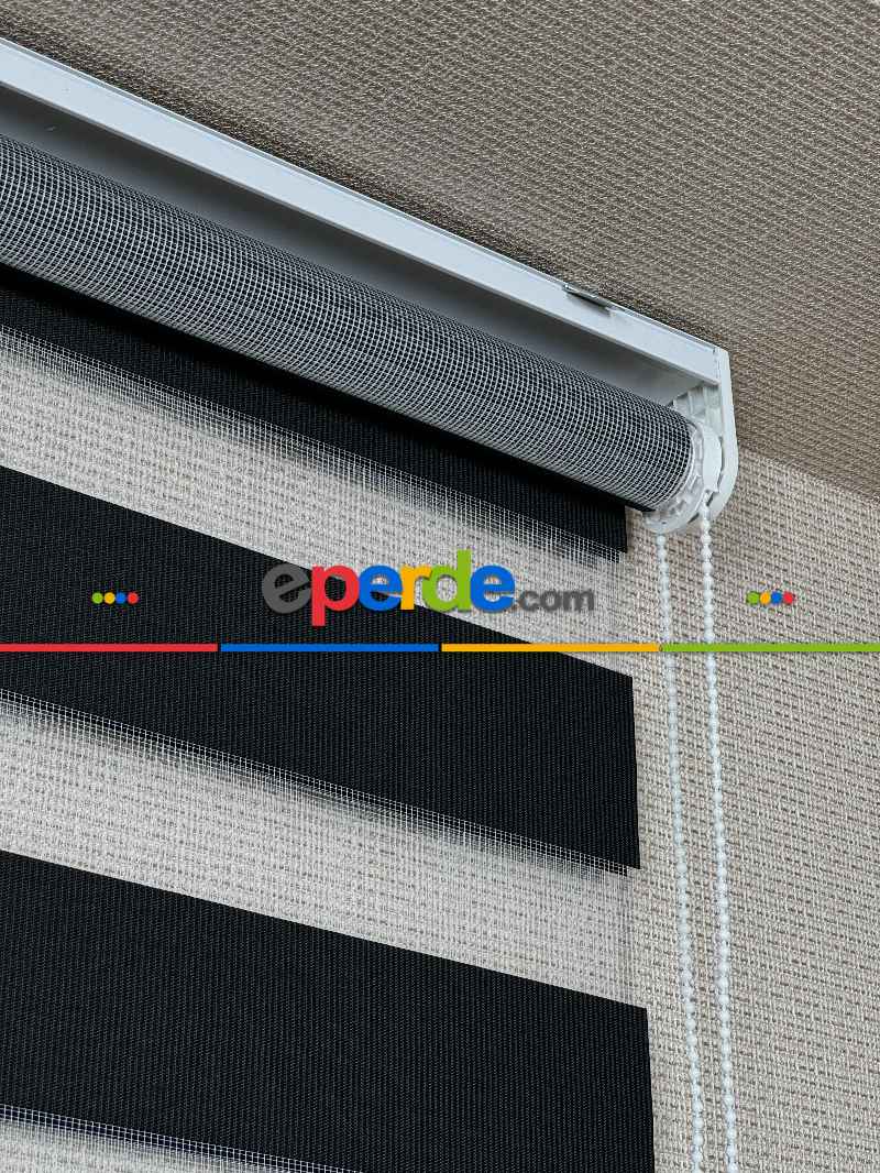 Mutfak Siyah Düz Zebra Perde, Standart Metal Kasalı Yüksek Kalite Kornişe Kolay Montaj Seçenekli