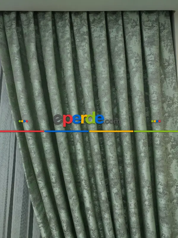 Su Yeşili Renk Jakar Desenli Fon Perde- Su Yeşili