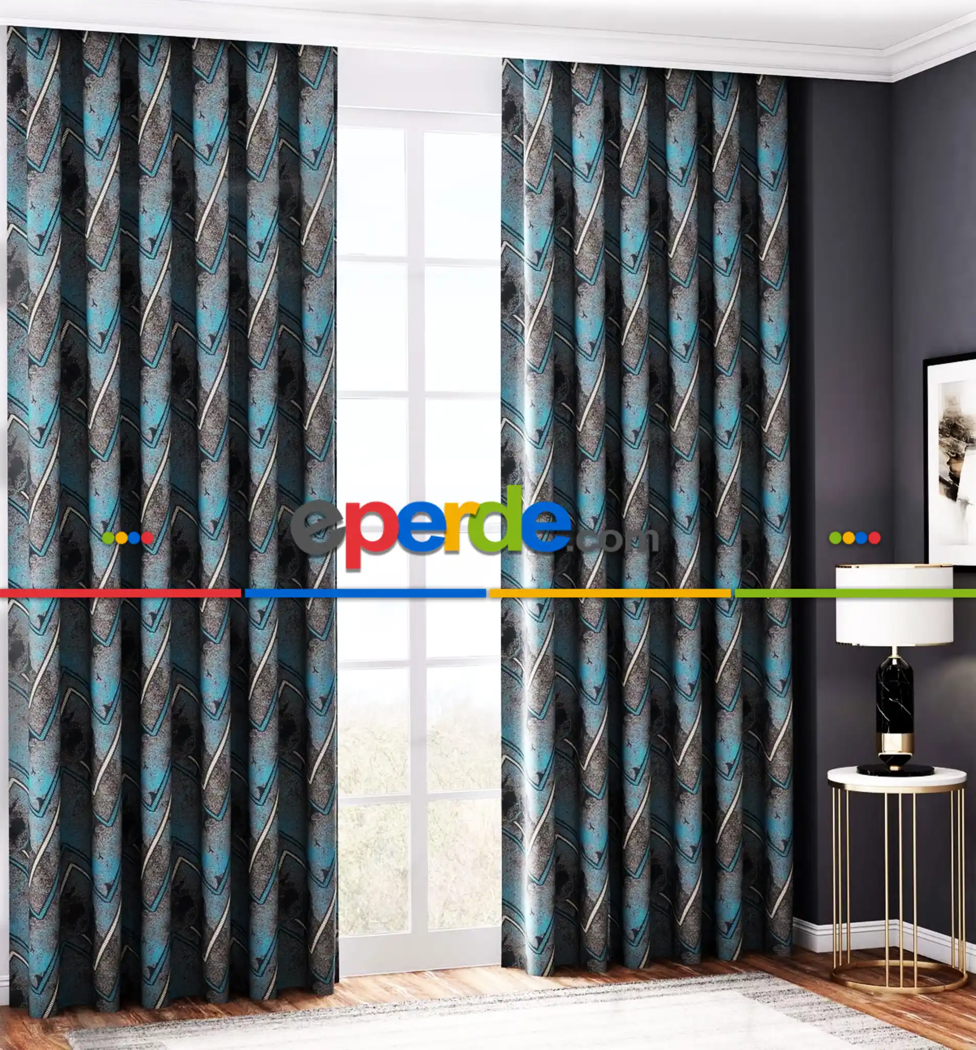 Salon Fon Perde - Kahverengi Turkuaz Geometrik Fon Pano Perde, Adet Fiyatıdır, İstediğiniz Boy Ölçüsünde Dikilir, Eni 70 ila 100cm Arası Seçenekler, Sık Piledir 70cm X 290cm 