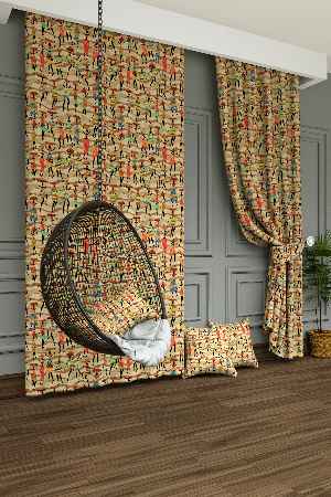 Dökümlü Kumaştan Afrikalı Kadın Figürlü Etnik Desenli Baskılı Fon Perde