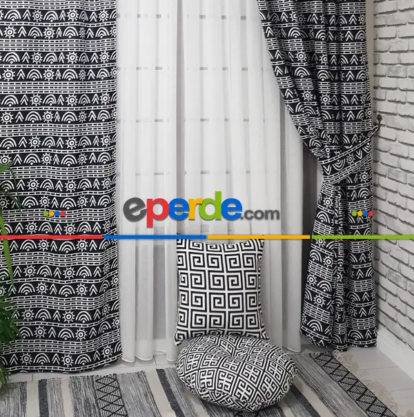 Etnik Desenli Fon Perde Evm1522 Kumaşı Kalındır Duck Bezi Değildir- Siyah
