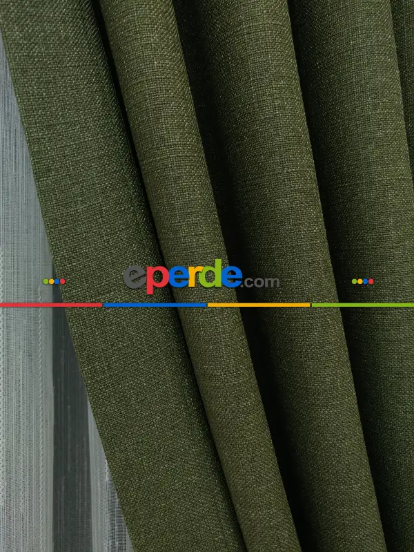 Salon Perdesi - Haki Yeşili - Düz Keten Fon Perde (  Keten Fon Perde)- Yeşil