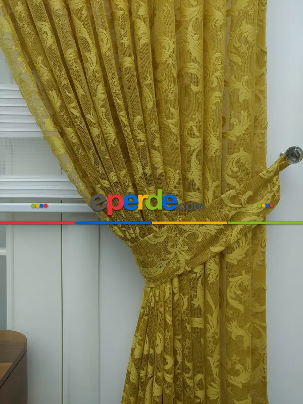Sarı - Desenli Dantel Tül Fon Perde- Sarı