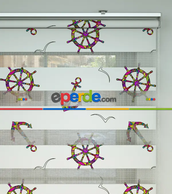 Bebek Odası Zebra Perde - Çapa Ve Dümen Desen Baskılı Zebra Perde- Çok Renkli