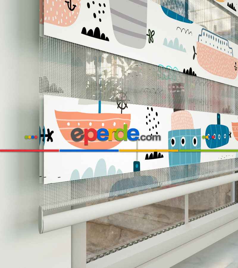 Çocuk Odası Zebra Perde - Gemi Desenli Baskılı Zebra Perde- Çok Renkli