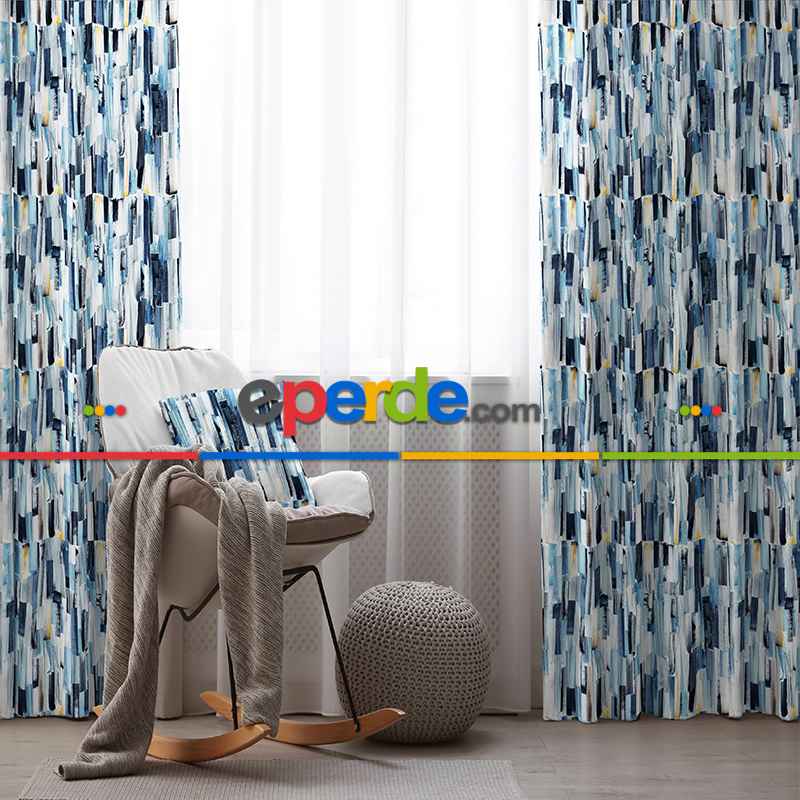 Mavi Desenli Fon Perde Evim218 Kumaşı Kalındır Duck Bezi Değildir- Mavi-beyaz