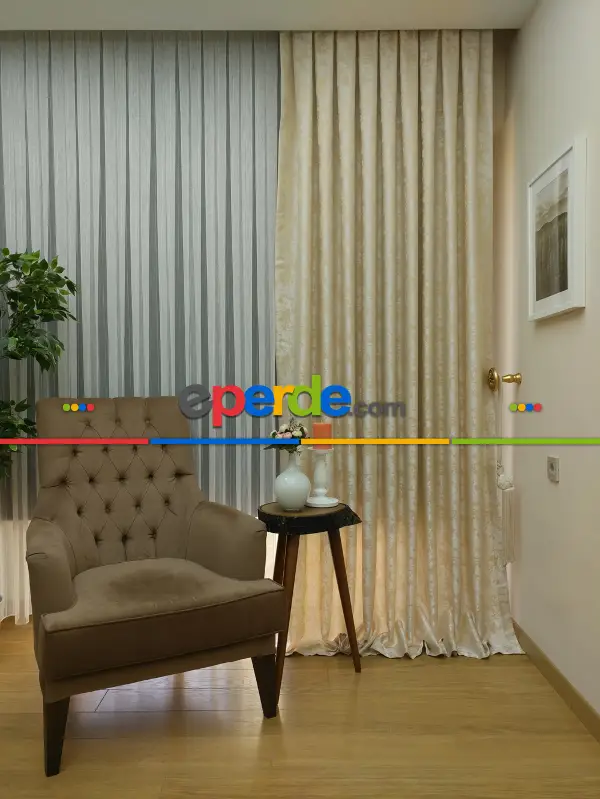 Bej Renk Jakar Desenli Fon Perde- Bej