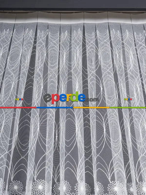 Şeritli Papatya Nakış İşlemeli Brode Tül Perde