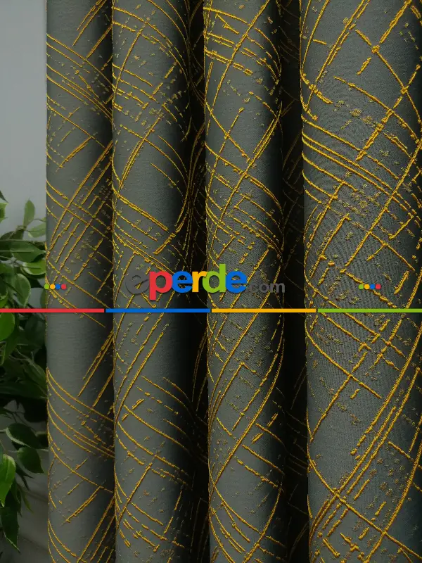 Jakar Desenli Fon Perde- Füme-hardal Sarısı