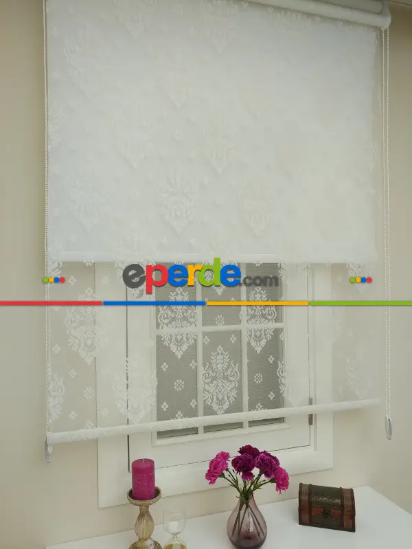 Jakar Örme Tül- Ekru Çiftli Sistem Dantel Desenli Perde- Ekru