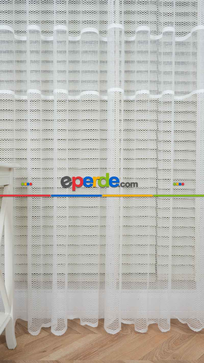 Ekru Çizgili Bantlı Keten Şantuk Tül Perde, Ağır Gramajlı Premium Seri