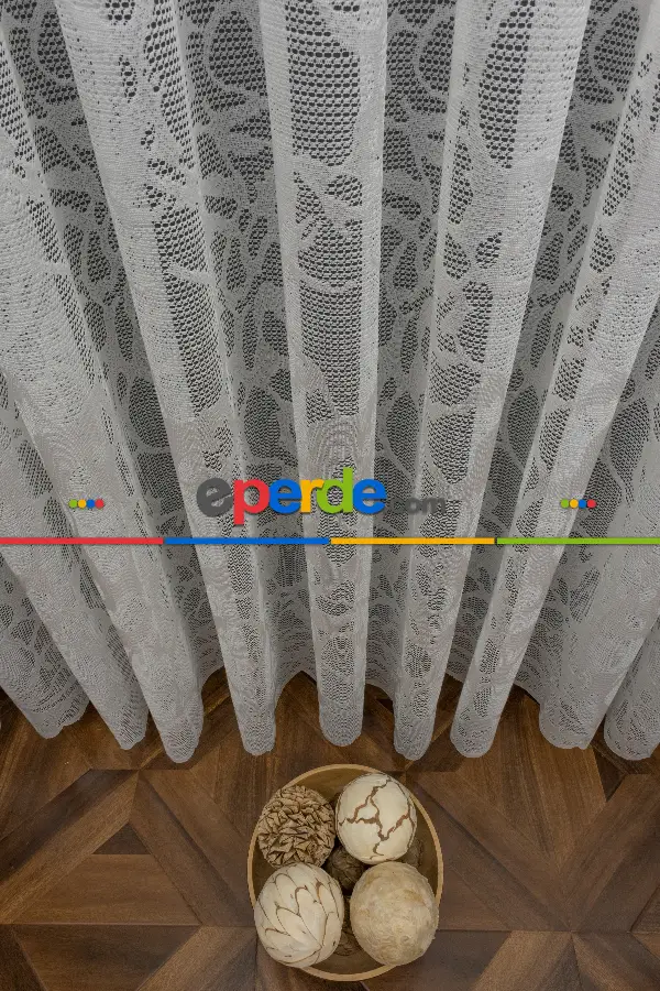 Salon - Eteği Desenli Örme Tül - Ekru Renk Yüksek Kalite