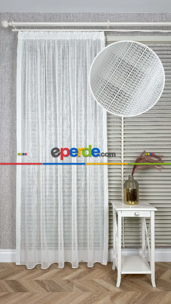 Brillant Ekru Hafif Simli File Tül Perde, Büzgü Ekstraforlu