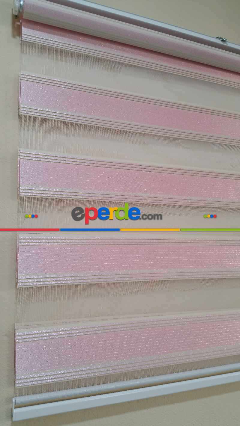 Mutfak - Pembe Plise Simli Zebra Perde- Pembe-gri Simli-ekru