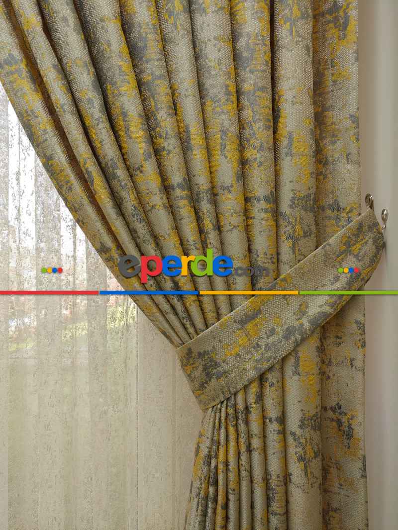 Bej Hardal Desenli Jakar Fon Perde (180)- Hardal Sarısı