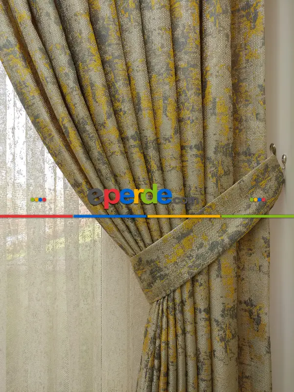 Yatak Odası - Patinedesenli Hardal Desenli Jakar Fon Perde (180)- Hardal Sarısı