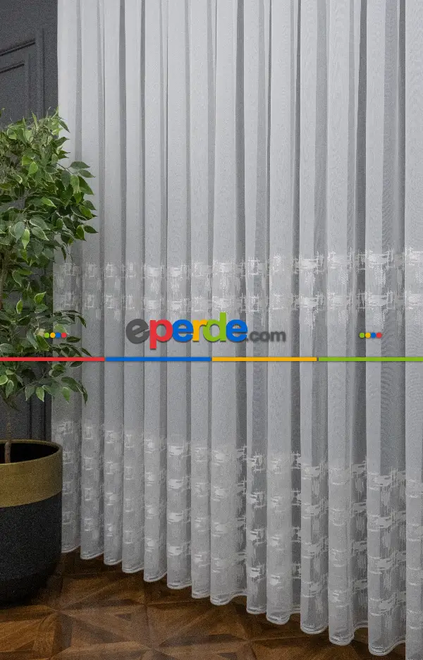 Brillant Tül Perde - Hafif Keten Tül - Etek Ucu Ve Bantı İşlemeli - Spor Modern Desenli Tül Perde - Ütü İstemez Kırışmaz Tül