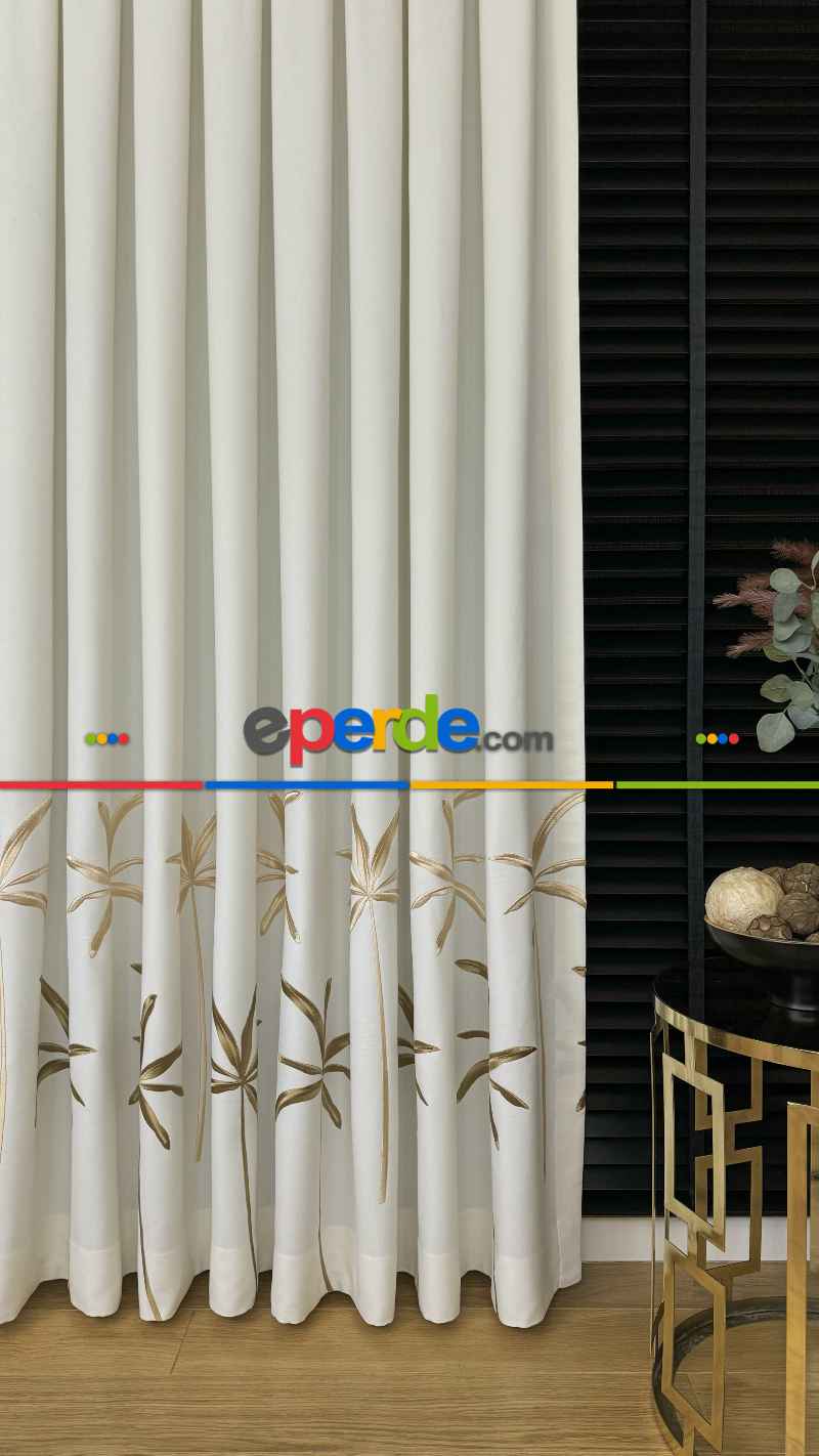 Ekru Gold Yaprak Desenli Pano Jakar Dokuma Nakışlı Fon Perde - Premium Seri Ağır Gramajlı