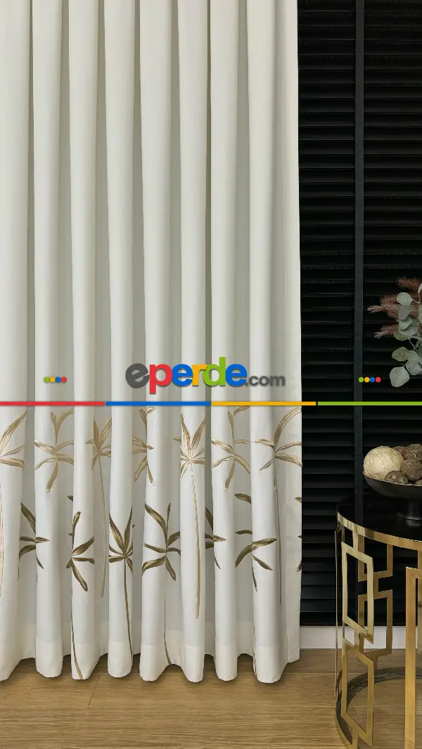 Ekru Gold Yaprak Desenli Pano Jakar Dokuma Nakışlı Fon Perde - Premium Seri Ağır Gramajlı