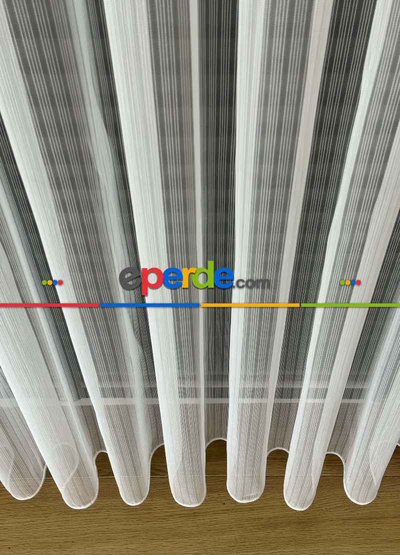 Ekru Çizgili Zincir Desenli Düz Tül Perde - Gramajlı Kurşunlu Tül Perde