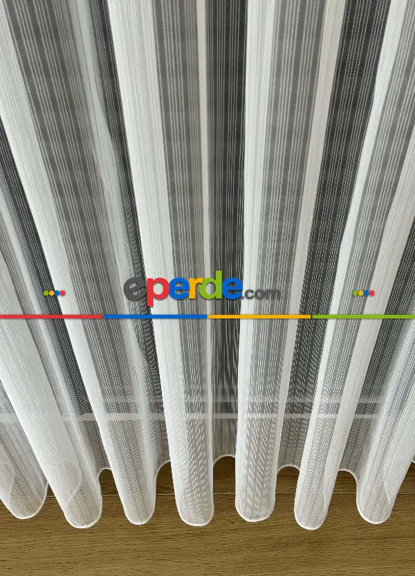 Ekru Çizgili Zincir Desenli Düz Tül Perde - Gramajlı Kurşunlu Tül Perde