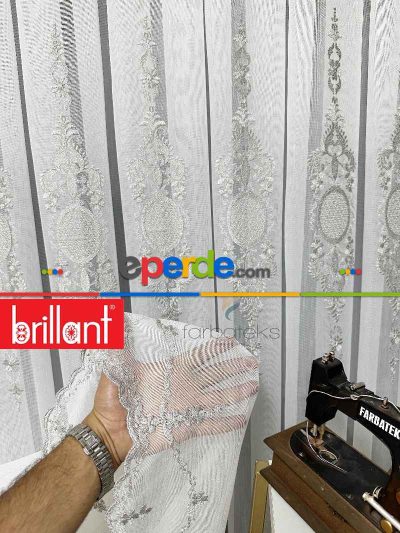 Brillant Ayna Desen Gri İşlemeli Tül Perde